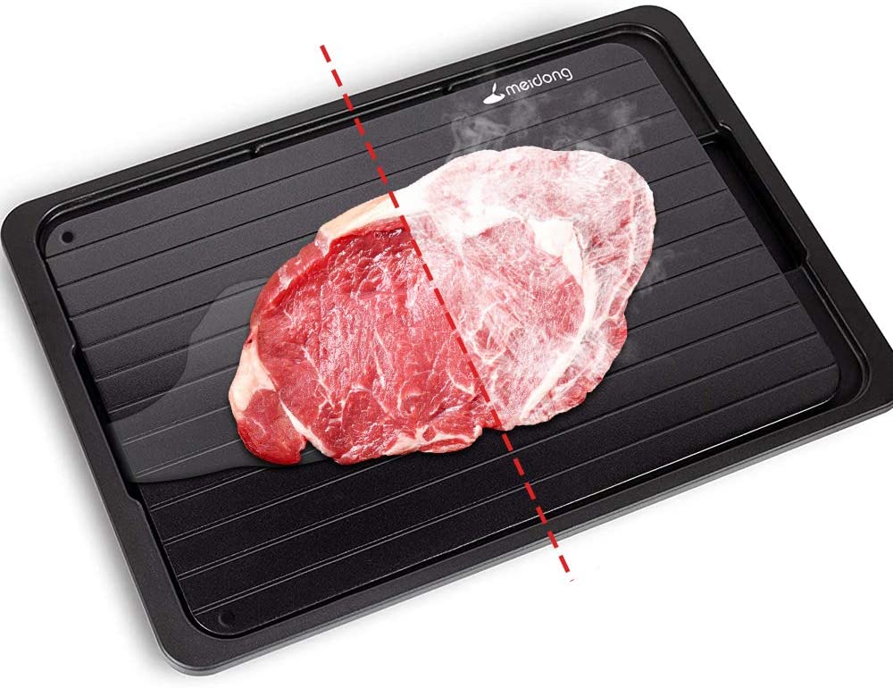 MEIDUNG Rapid Defrosting Tray for Thawing Frozen Meat Thawing Plate for Fast defrosting of Frozen Foods Premium Quality Thawing Tray with Drip Tray/Silicone Sponge/Tongs