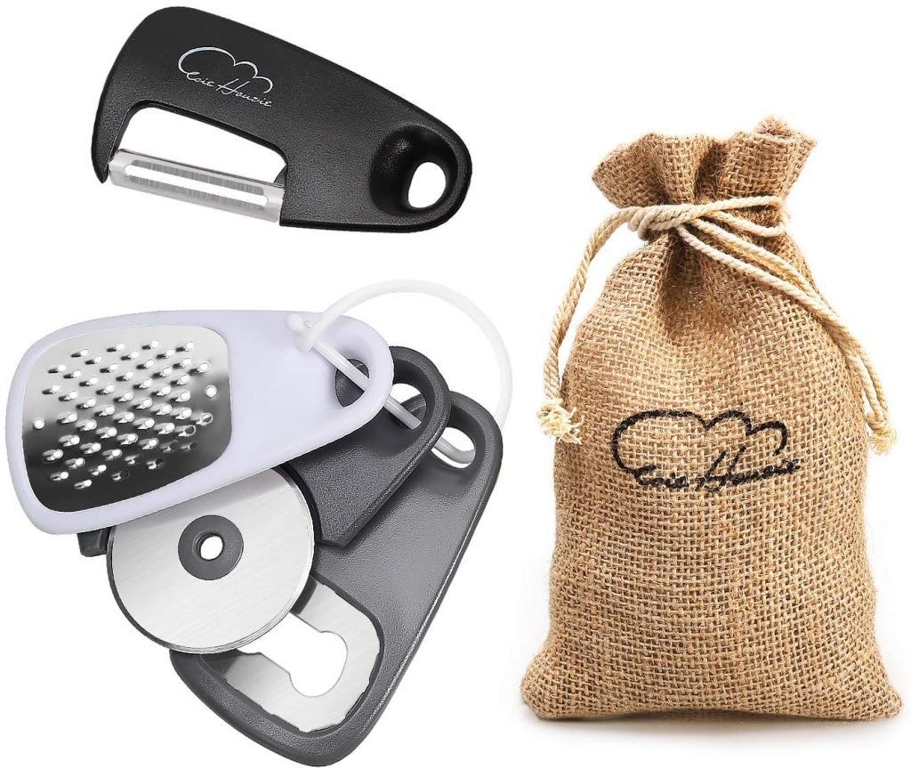 5 Pieces Kitchen Gadgets Set - Space Saving Cooking Tools Accessories Cheese Chocolate Grater, Fruit Vegetable Peeler, Bottle Opener, Pizza Cutter, Burlap Bags with Drawstring Gift Set…